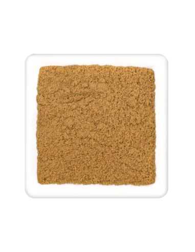 Quadratischer Teller mit fein gemahlenem, mittelbraunem Kreuzkümmel-Pulver