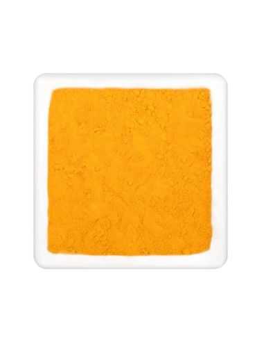 Quadratischer Teller mit fein gemahlenem, leuchtend gelbem Kurkumapulver Quadratischer Teller mit fein gemahlenem, leuchtend gelbem Kurkumapulver