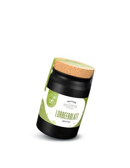 Schwarzes Keramiktöpfchen mit grünem Etikett mit der Aufschrift „LORBEERBLATT ganz“.