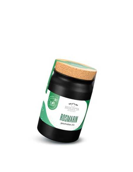 Schwarzes Keramiktöpfchen mit grün-weißem Etikett mit der Aufschrift „ROSMARIN“.