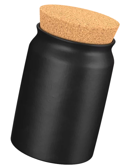 Schwarzes Keramiktöpfchen mit rundem Korkdeckel, ohne Etikett oder Aufschrift
