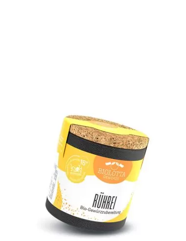 Bio-Pappdose mit gelbem Etikett mit der Aufschrift „RÜHREI“.