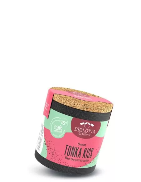 Bio-Pappdose mit pink-grünem Etikett mit der Aufschrift „TONKA KISS“