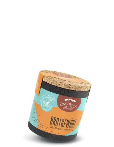 Pappdose mit türkis-orangefarbenem Etikett mit der Aufschrift „BROTGWÜRZ“.