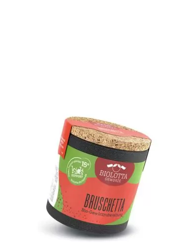 Bio-Pappdose mit rot-grünem Etikett mit der Aufschrift „BRUSCHETTA