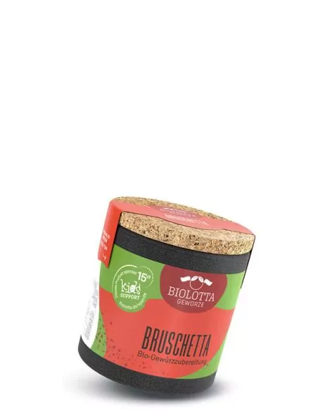 Bio-Pappdose mit rot-grünem Etikett mit der Aufschrift „BRUSCHETTA