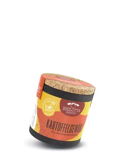 Bio-Pappdose mit rot-gelbem Etikett mit der Aufschrift „KARTOFFELGEWÜRZ“.