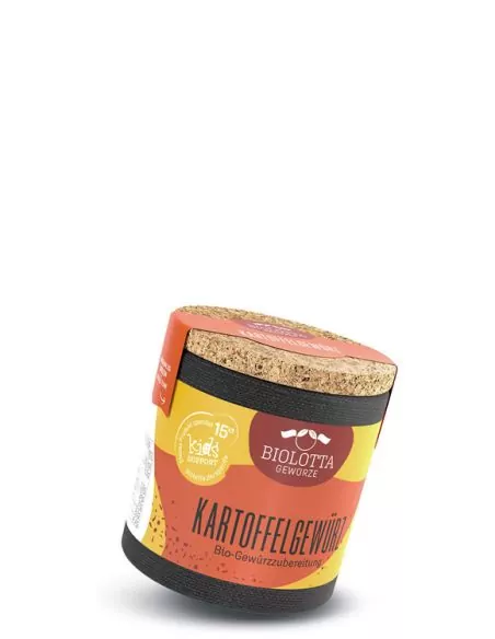 Bio-Pappdose mit rot-gelbem Etikett mit der Aufschrift „KARTOFFELGEWÜRZ“.
