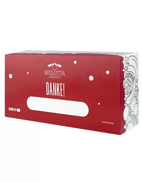 Rote Box mit der Aufschrift „DANKE!“ und Namensfeld,