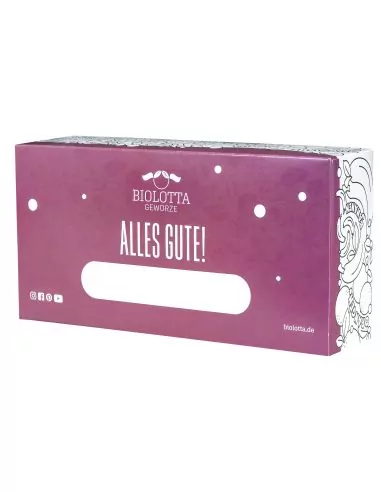 Lilafarbene Geschenkbox mit weißem Feld für den Namen und dem Aufdruck „Alles Gute!“.