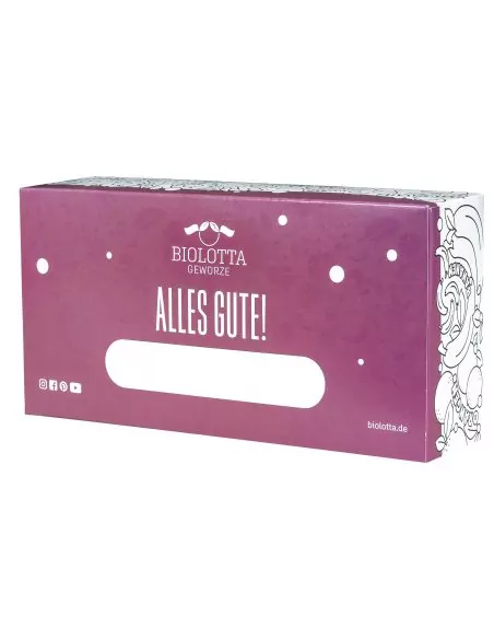 Lilafarbene Geschenkbox mit weißem Feld für den Namen und dem Aufdruck „Alles Gute!“.