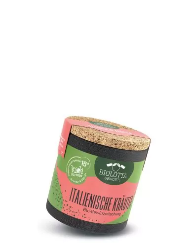 Bio-Pappdose mit grün-rosafarbenem Etikett mit der Aufschrift „ITALIENISCHE KRÄUTER“.