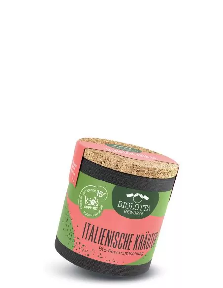 Bio-Pappdose mit grün-rosafarbenem Etikett mit der Aufschrift „ITALIENISCHE KRÄUTER“