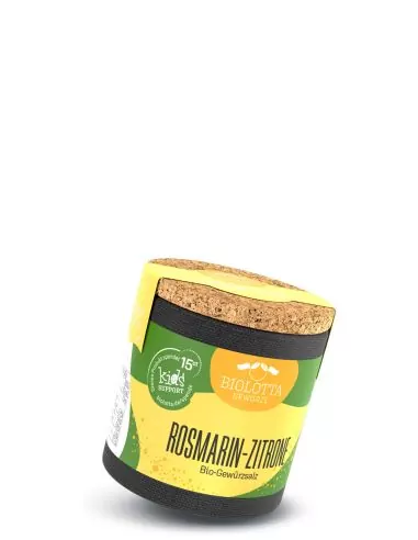 Bio-Pappdose mit gelb-grünem Etikett mit der Aufschrift „ROSMARIN-ZITRONE“.