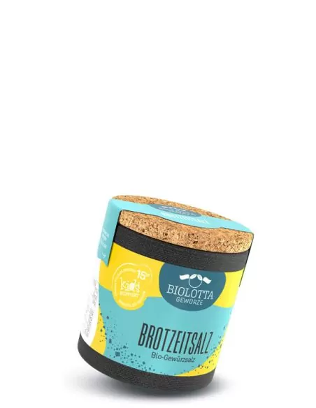 Bio-Pappdose mit türkis-gelbem Etikett mit der Aufschrift „Brotzeitsalz"