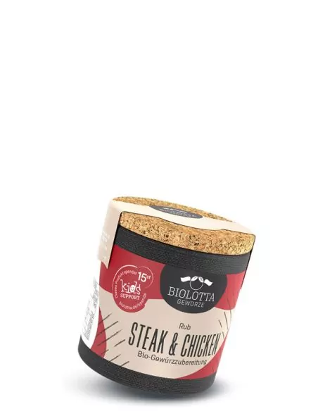 Bio-Pappdose mit rot-beigem Etikett mit der Aufschrift "STEAK & Chicken"