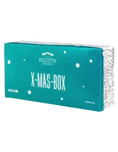 Türkisfarbene Geschenkbox mit weißem Aufdruck „X-MAS-BOX“ und Schneeflockenmotiv.