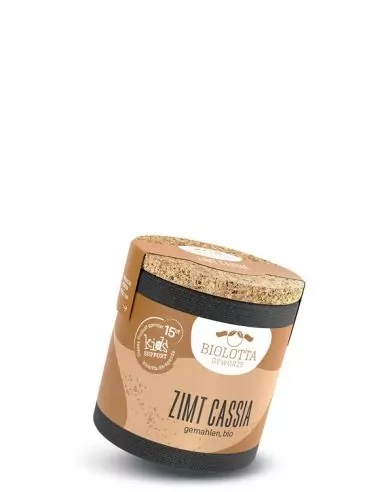 Bio-Pappdose mit braun-beigem Etikett mit der Aufschrift „ZIMT CASSIA“