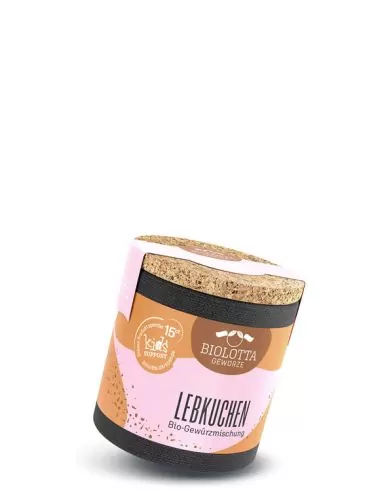 Bio-Pappdose mit rosa-beigem Etikett mit der Aufschrift „LEBKUCHEN“.