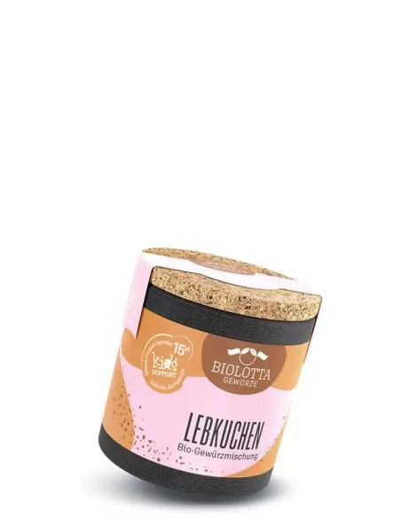 Bio-Pappdose mit rosa-beigem Etikett mit der Aufschrift „LEBKUCHEN“.