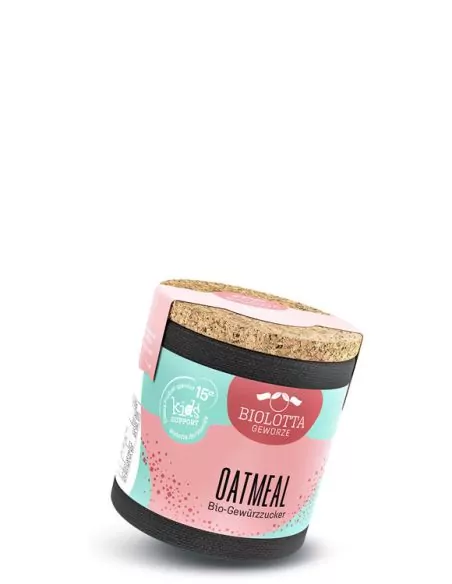 Bio-Pappdose mit rosa-beigem Etikett mit der Aufschrift „Oatmeal.