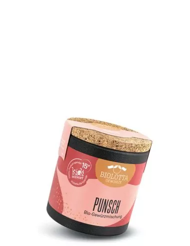 Bio-Pappdose mit türkis-rosafarbenem Etikett mit der Aufschrift „Bio Punsch"