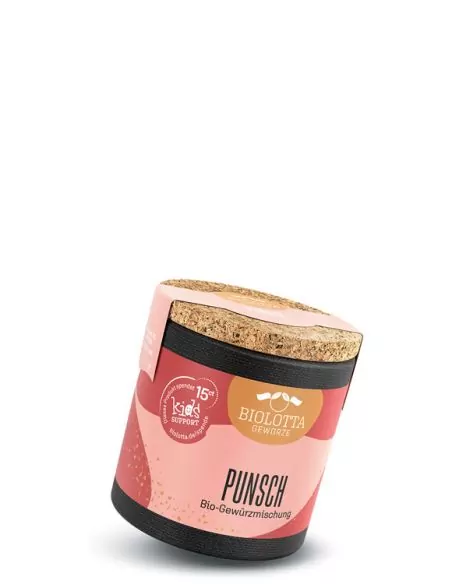 Bio-Pappdose mit türkis-rosafarbenem Etikett mit der Aufschrift „Bio Punsch"