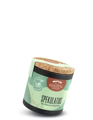 Schwarzes Keramiktöpfchen mit mintgrünem Etikett mit der Aufschrift Spekulatius, Bio-Gewürzmischung