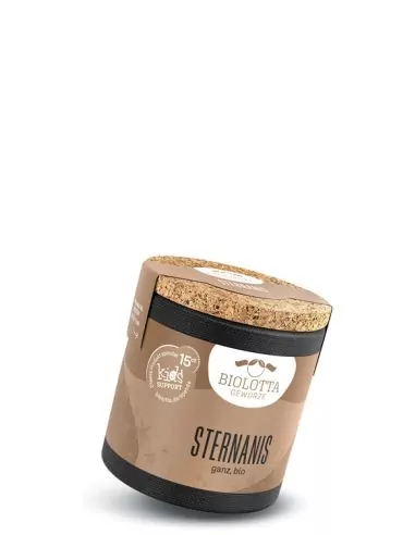 Schwarzes Keramiktöpfchen mit braunem Etikett mit der Aufschrift Sternanis, ganz, bio