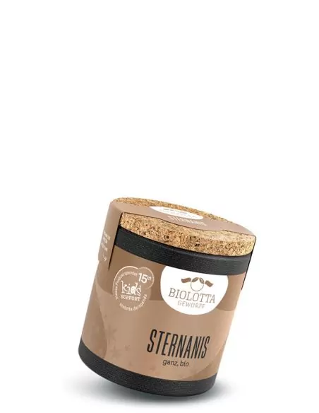 Schwarzes Keramiktöpfchen mit braunem Etikett mit der Aufschrift Sternanis, ganz, bio