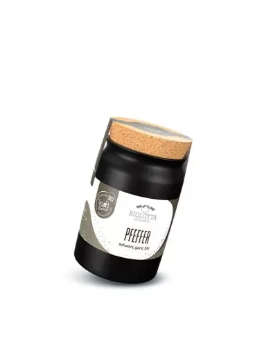 Schwarzes Keramiktöpfchen mit rosa-weißem Etikett mit der Aufschrift „PFEFFER“.
