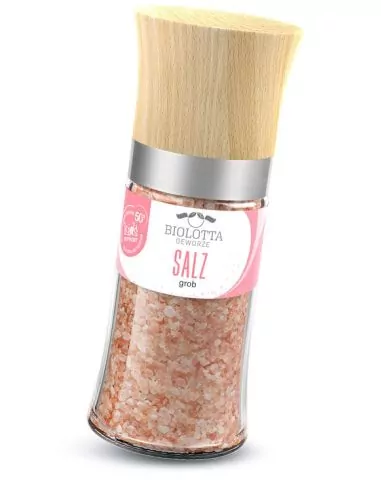 Transparente Gewürzmühle mit rosa Etikett mit der Aufschrift „SALZ grob“ und Holzdeckel.