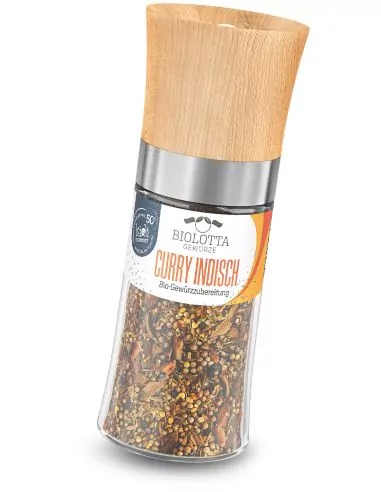 Transparente Gewürzmühle mit orangefarbenem Etikett mit der Aufschrift „CURRY INDISCH Bio-Gewürzzubereitung“ und Holzdeckel.