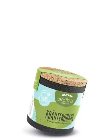 Bio-Pappdose mit grün-blauem Etikett mit der Aufschrift „KRÄUTERSALZ“