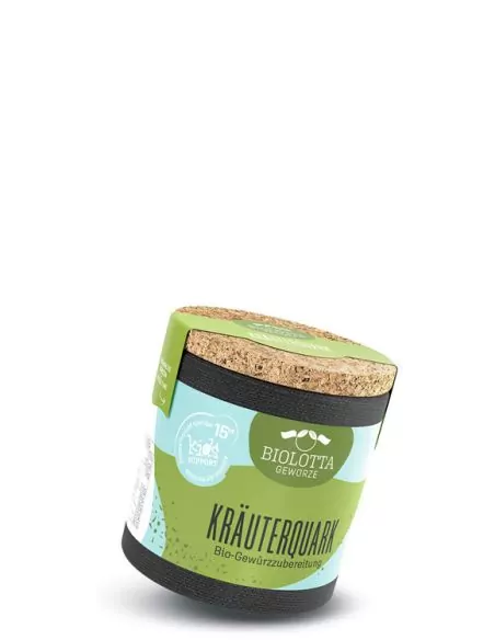 Bio-Pappdose mit grün-blauem Etikett mit der Aufschrift „KRÄUTERSALZ“