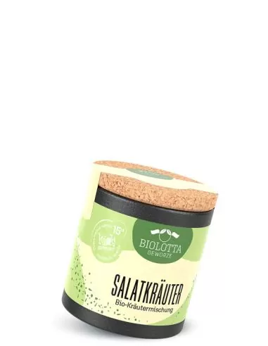 Bio-Pappdose mit grünem Etikett mit der Aufschrift „Bio Salatkräuter"