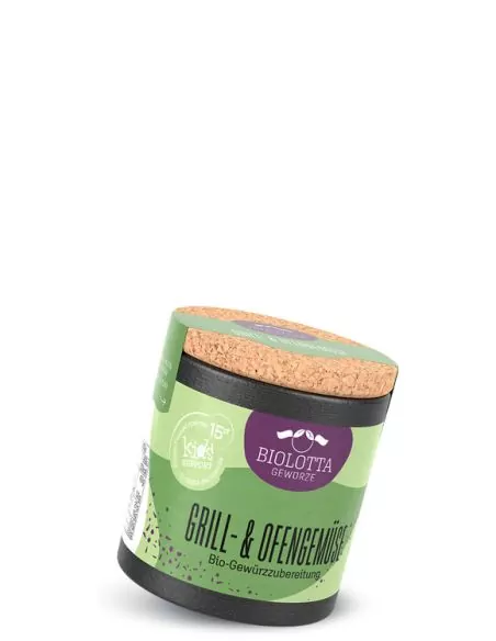 Bio-Pappdose mit grün-violettem Etikett mit der Aufschrift „GRILL- & OFENGEMÜSE“