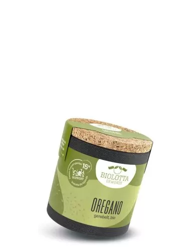 Bio-Pappdose mit hell- und dunkelgrünem Etikett mit der Aufschrift „OREGANO“.