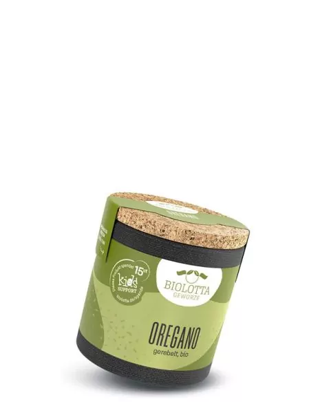 Bio-Pappdose mit hell- und dunkelgrünem Etikett mit der Aufschrift „OREGANO“.