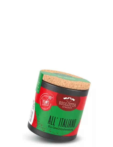 Bio-Pappdose mit rot-grünem Etikett mit der Aufschrift „ALL’ ITALIANA