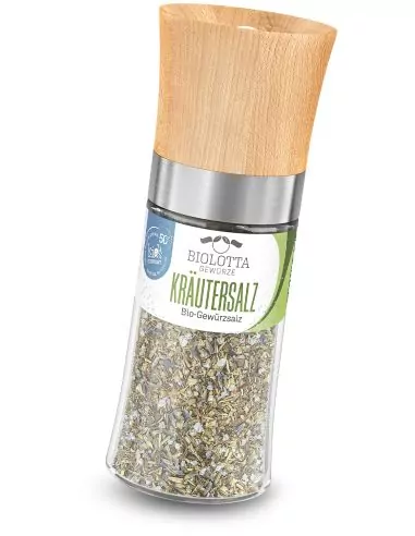 Mühle mit grüner Kräutersalzmischung und grün-weißem Etikett.