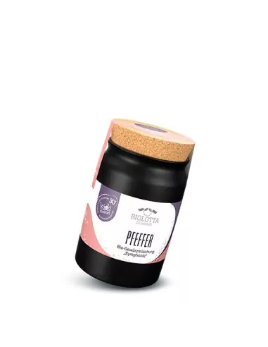 Schwarzes Keramiktöpfchen mit rosa-weißem Etikett mit der Aufschrift „PFEFFER“.