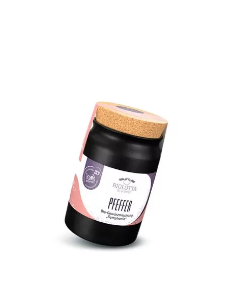 Schwarzes Keramiktöpfchen mit rosa-weißem Etikett mit der Aufschrift „PFEFFER“.