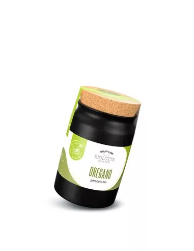 Schwarzes Keramiktöpfchen mit weiß-grünem Etikett mit der Aufschrift „OREGANO“