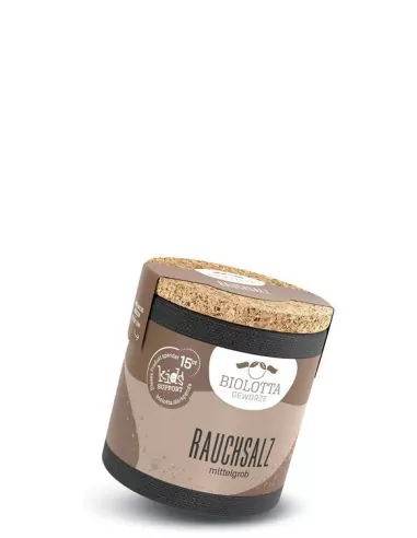 braune Bio-Pappdose mit weißer Aufschrift „RAUCHSALZ“.