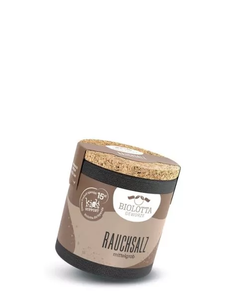 braune Bio-Pappdose mit weißer Aufschrift „RAUCHSALZ“.