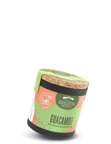 Bio-Pappdose mit grünem und lachsfarbenem Etikett, weißer Aufschrift „GUACAMOLE“.