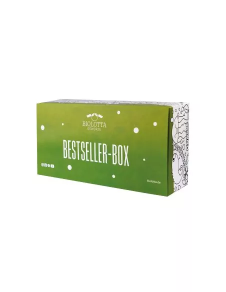 Grüne rechteckige Verpackung mit weißer Aufschrift „BESTSELLER-BOX“ und Biolotta-Logo, an den Seiten mit weißem Muster.