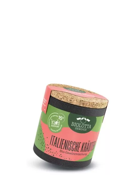 Bio-Pappdose mit grün-rosafarbenem Etikett mit der Aufschrift „ITALIENISCHE KRÄUTER“.