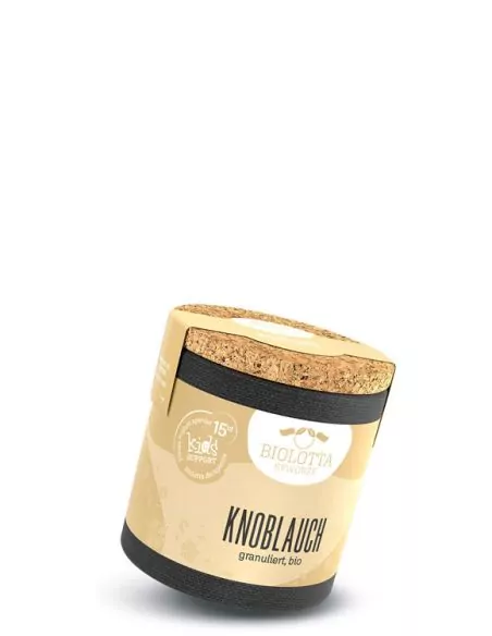 Bio-Pappdose mit beigem Etikett mit der Aufschrift „KNOBLAUCH“